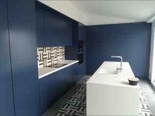 mosaico hidráulico padrão Riscas G aplicado na parede e no pavimento numa cozinha