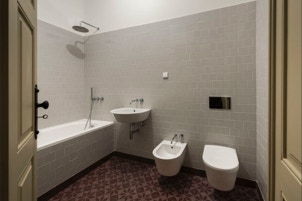 mosaico hidráulico da Projecto Mosaico ref Noruega B 2C no piso duma casa de banho projectada pela arquitecta Marta Campos