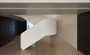mosaico hidráulico padrão Tétris aplicado no piso de um hall projectado pelo atelier Correia Regazzi Arquitectos